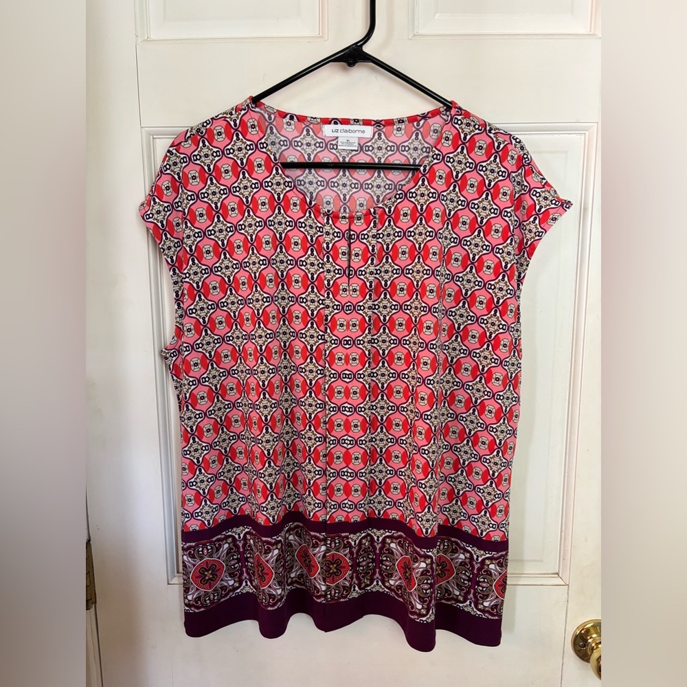 Liz Claiborne Red and Purple Geometric Blouse, worn once, like new